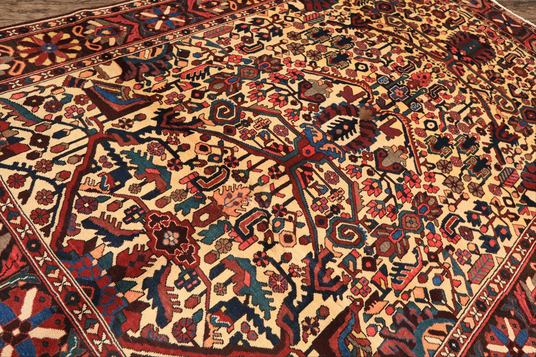 7x10 Ivory, Chocolate, Navy Color Hand Knotted Char Mahal Bhaktiari Wool Traditional Oriental Rug