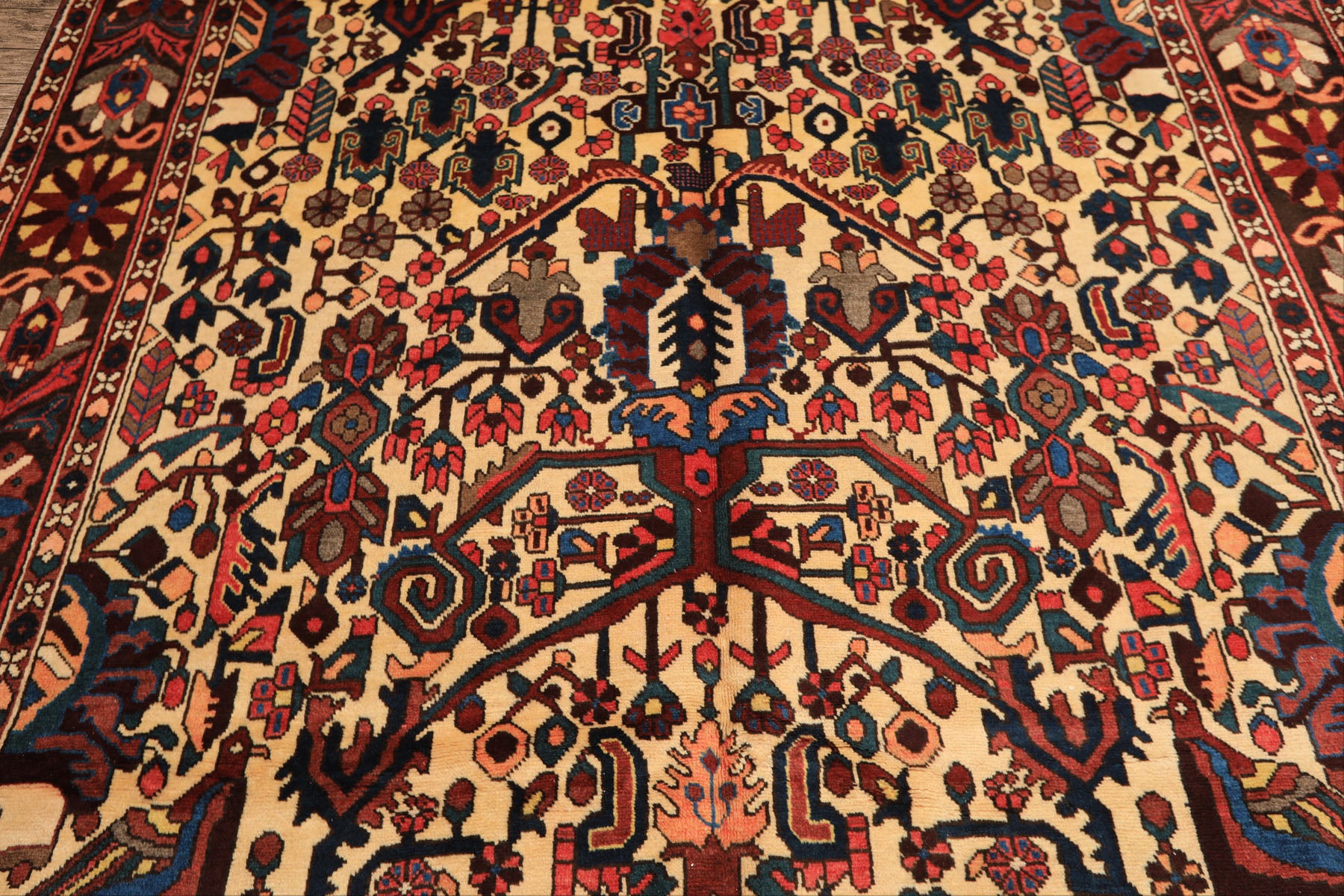7x10 Ivory, Chocolate, Navy Color Hand Knotted Char Mahal Bhaktiari Wool Traditional Oriental Rug