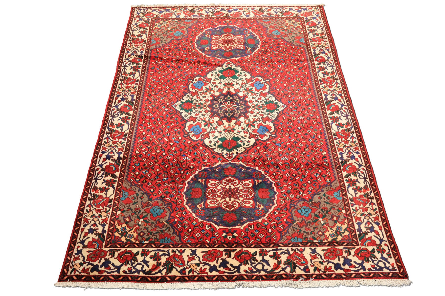 7x10 Red, Ivory, Blue Color Hand Knotted Ghom Wool Traditional Oriental Rug