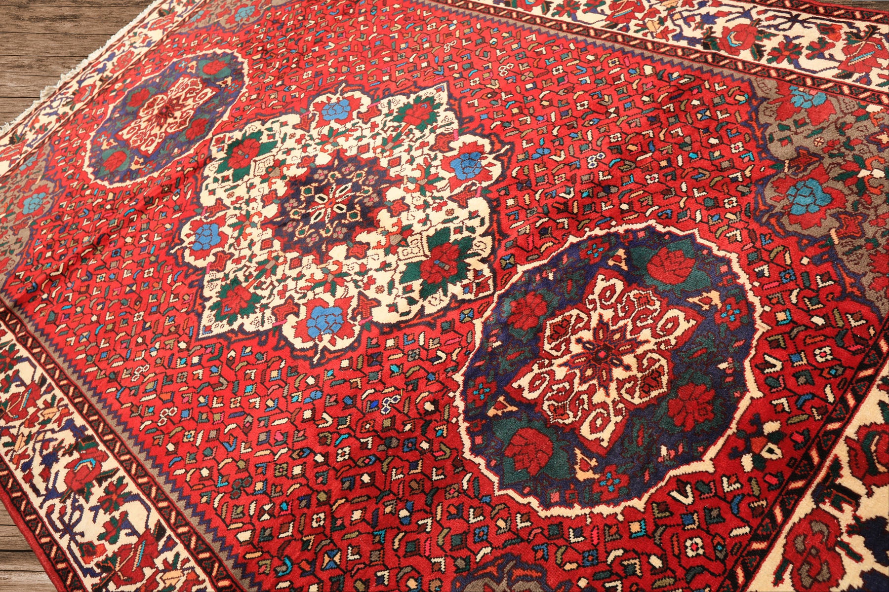 7x10 Red, Ivory, Blue Color Hand Knotted Ghom Wool Traditional Oriental Rug