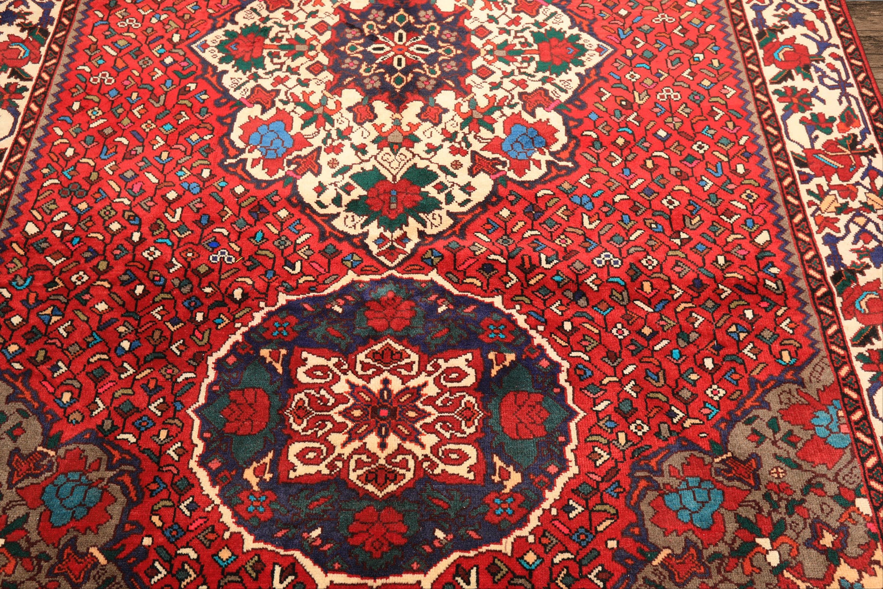 7x10 Red, Ivory, Blue Color Hand Knotted Ghom Wool Traditional Oriental Rug