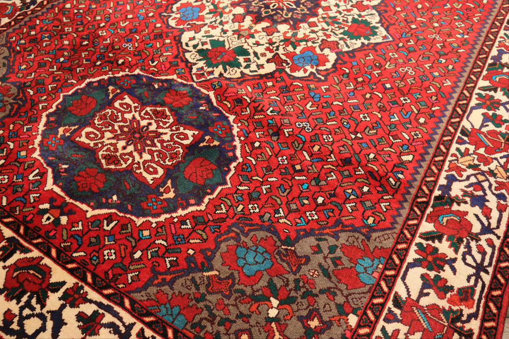 7x10 Red, Ivory, Blue Color Hand Knotted Ghom Wool Traditional Oriental Rug