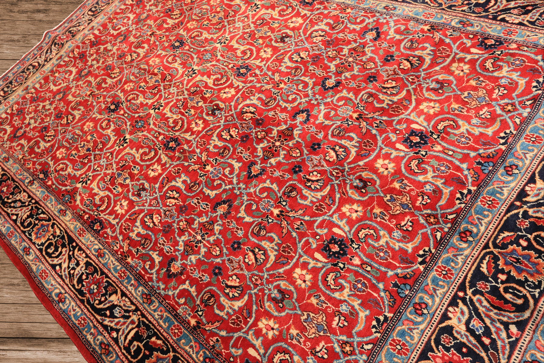 7x10 Red, Midnight Blue, Orange Color Hand Knotted Kashmar Wool Traditional Oriental Rug