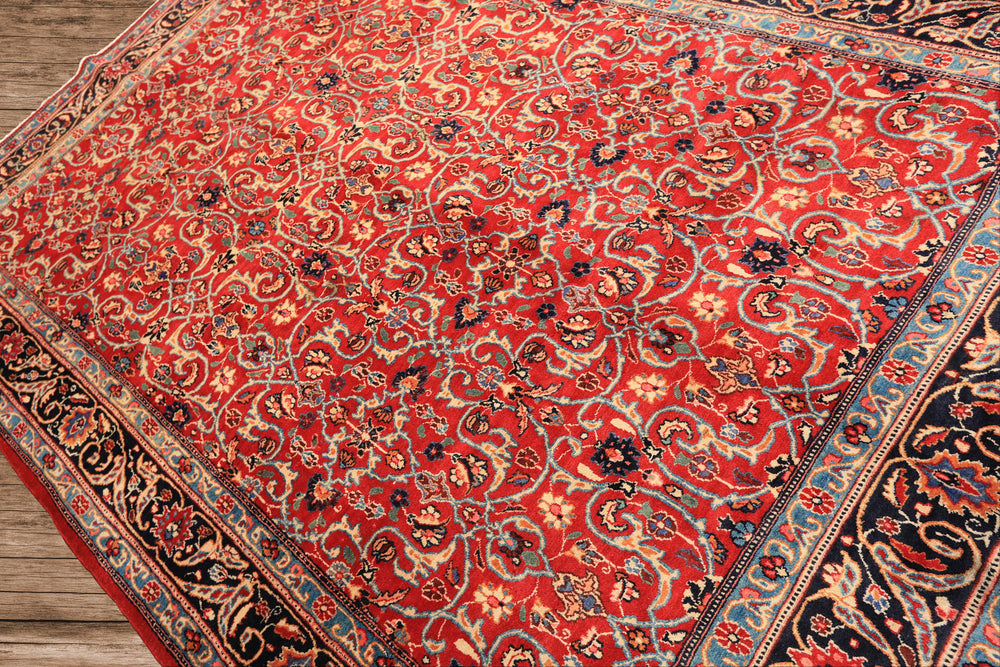 7x10 Red, Midnight Blue, Orange Color Hand Knotted Kashmar Wool Traditional Oriental Rug