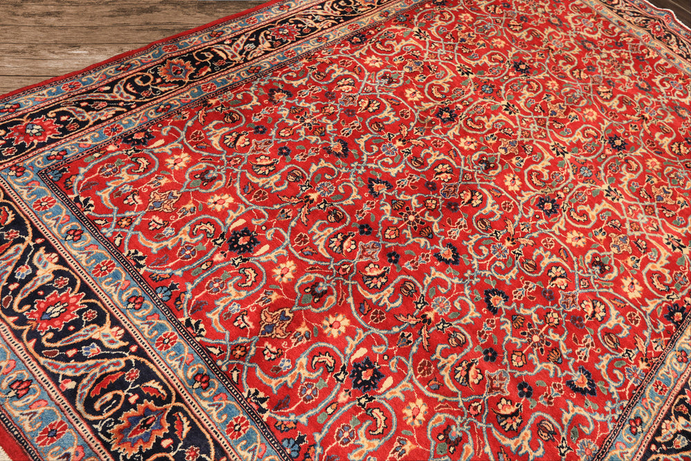 7x10 Red, Midnight Blue, Orange Color Hand Knotted Kashmar Wool Traditional Oriental Rug