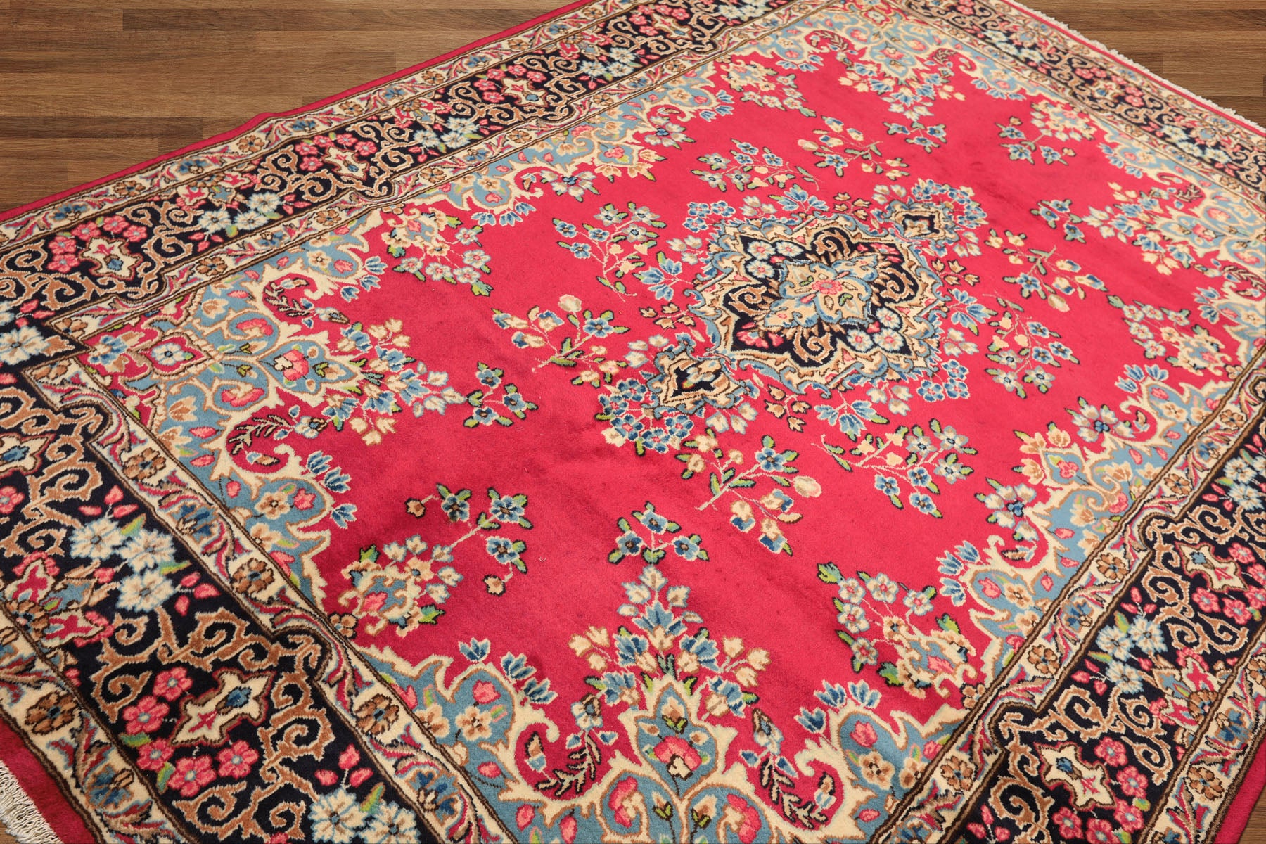 7x10 Fuschia, Midnight Blue, Aqua Color Hand Knotted Kerman Wool Traditional Oriental Rug