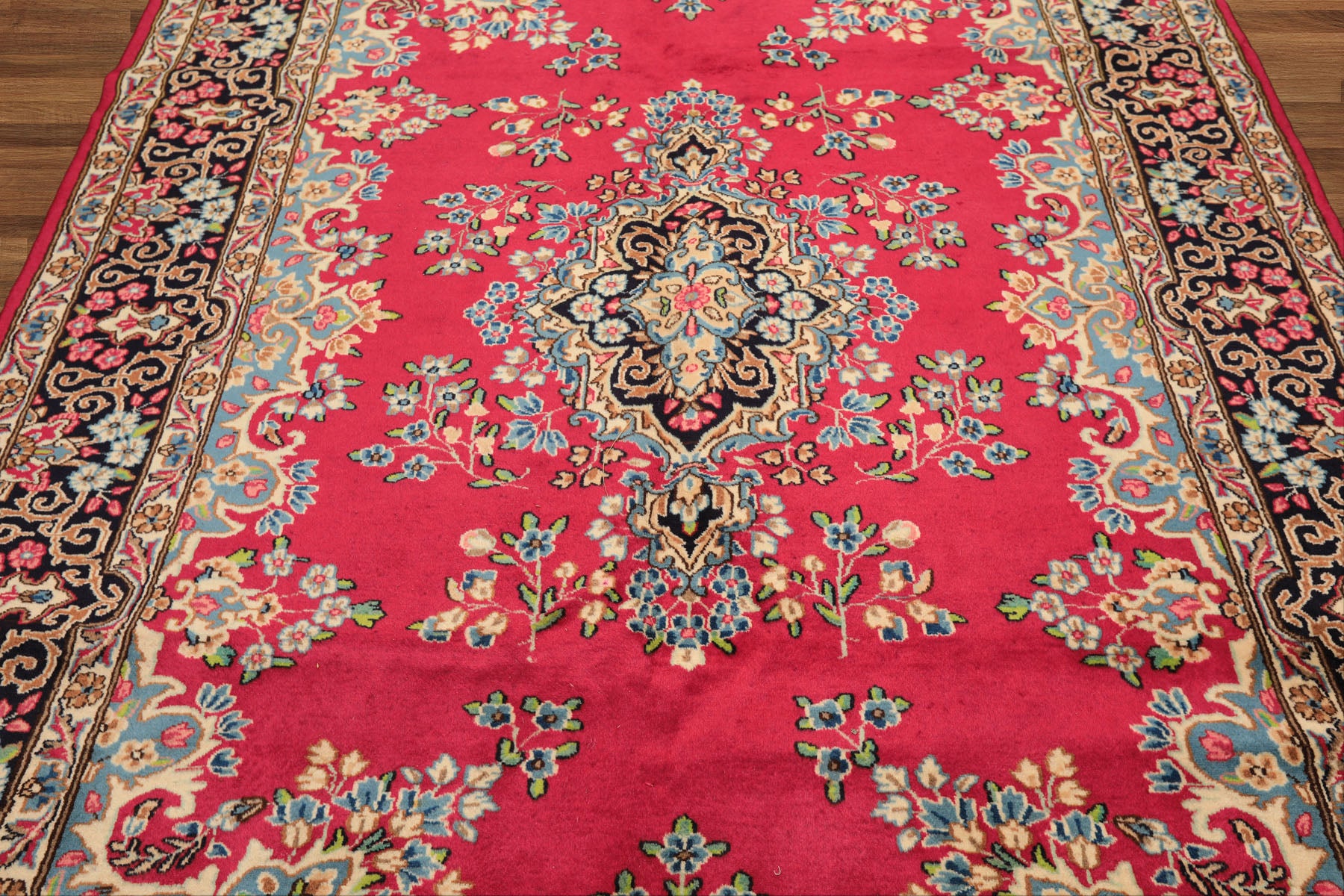 7x10 Fuschia, Midnight Blue, Aqua Color Hand Knotted Kerman Wool Traditional Oriental Rug