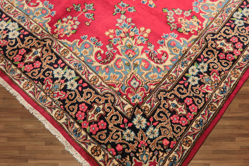 7x10 Fuschia, Midnight Blue, Aqua Color Hand Knotted Kerman Wool Traditional Oriental Rug