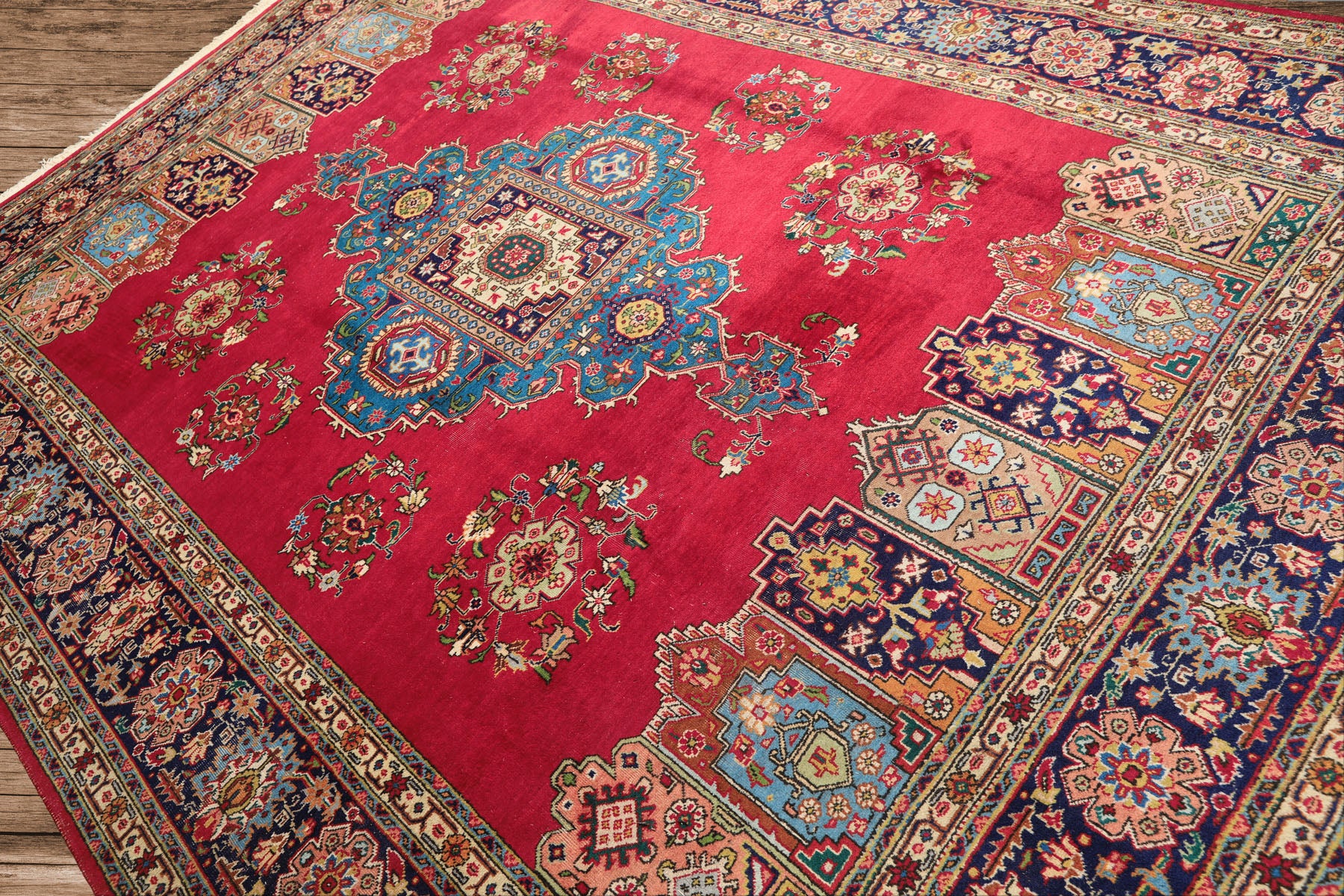 8x11 Coral, Navy, Ivory Color Hand Knotted Tabriz Wool Traditional Oriental Rug
