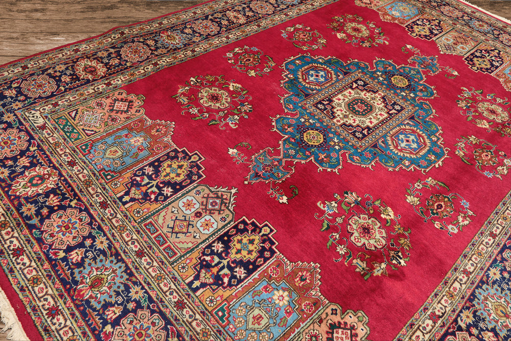 8x11 Coral, Navy, Ivory Color Hand Knotted Tabriz Wool Traditional Oriental Rug
