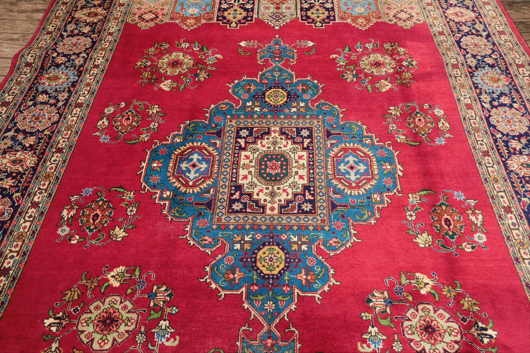 8x11 Coral, Navy, Ivory Color Hand Knotted Tabriz Wool Traditional Oriental Rug