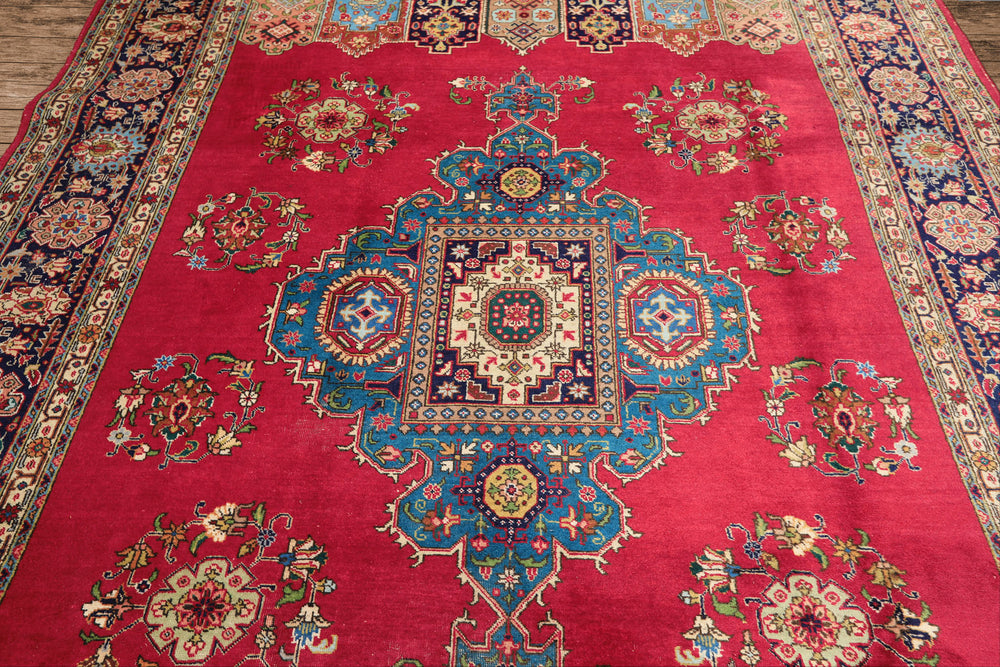8x11 Coral, Navy, Ivory Color Hand Knotted Tabriz Wool Traditional Oriental Rug