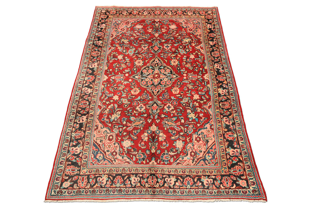 7x10 Rust, Charcoal, Pink Color Hand Knotted Sarouk Wool Traditional Oriental Rug