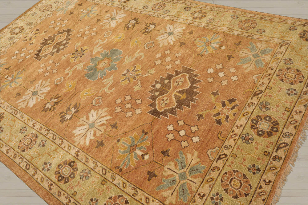 6x9 Caramel, Pistachio, Brown Color Hand Knotted Oushak Wool Traditional Oriental Rug