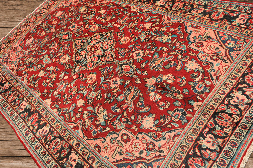 7x10 Rust, Charcoal, Pink Color Hand Knotted Sarouk Wool Traditional Oriental Rug