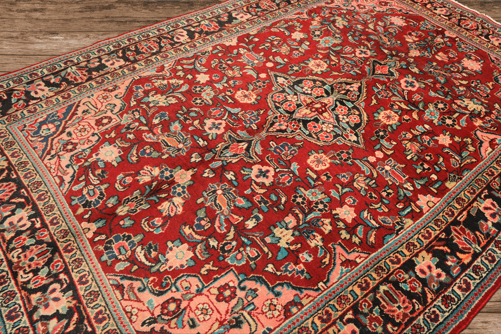 7x10 Rust, Charcoal, Pink Color Hand Knotted Sarouk Wool Traditional Oriental Rug