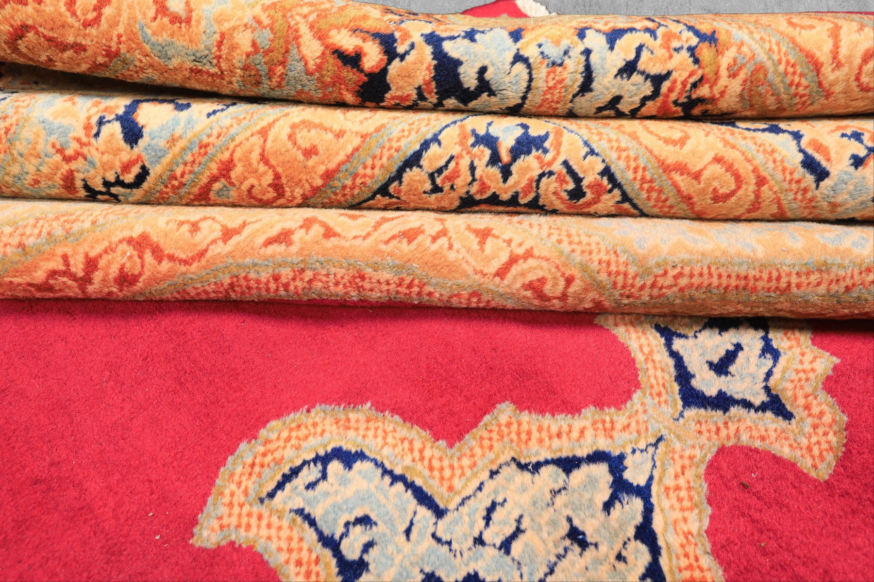 9x12 Ruby Red, Aqua, Navy Color Hand Knotted Kerman Wool Traditional Oriental Rug
