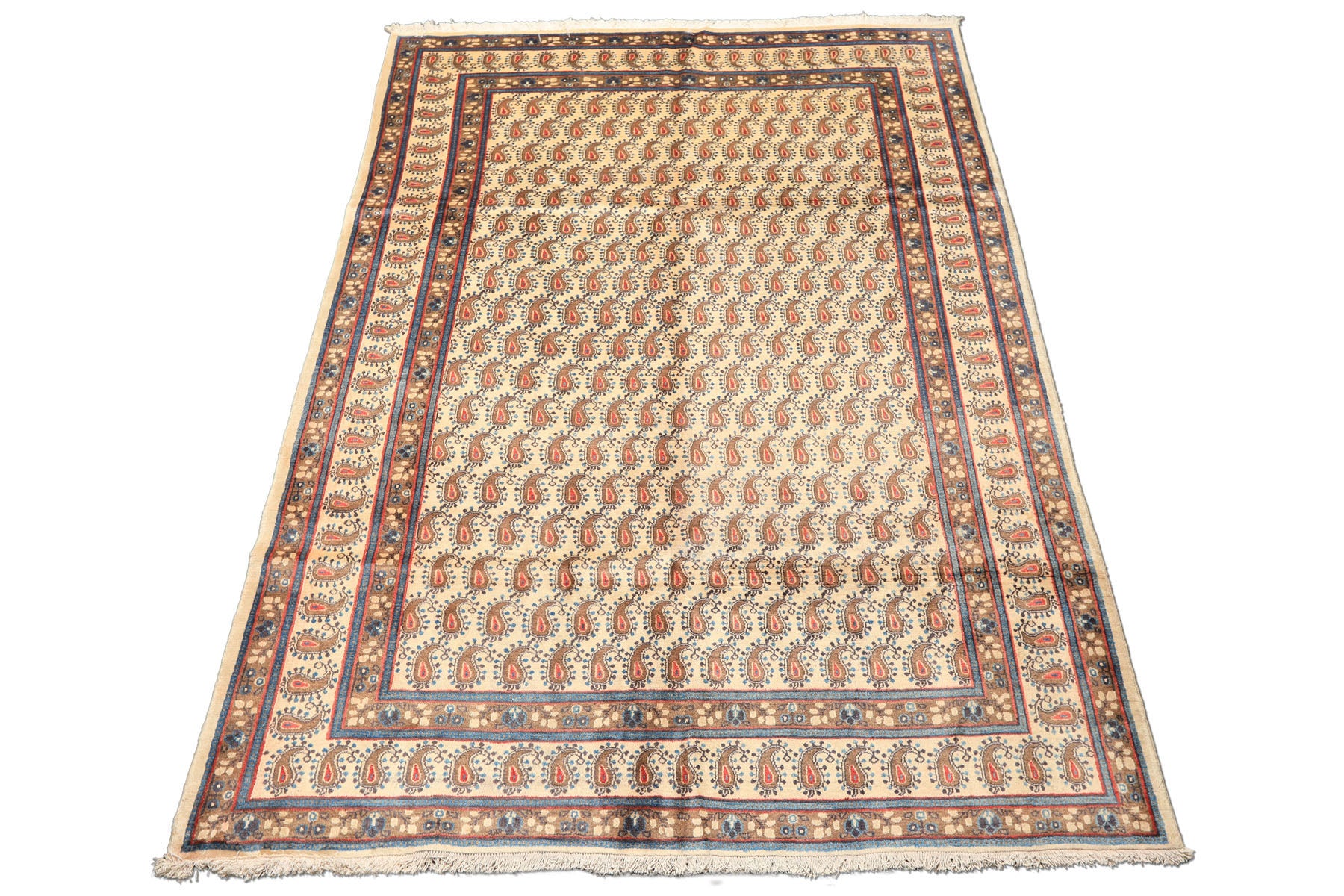 7x10 Beige, Camel, Blue Color Hand Knotted Birjand Wool Traditional Oriental Rug