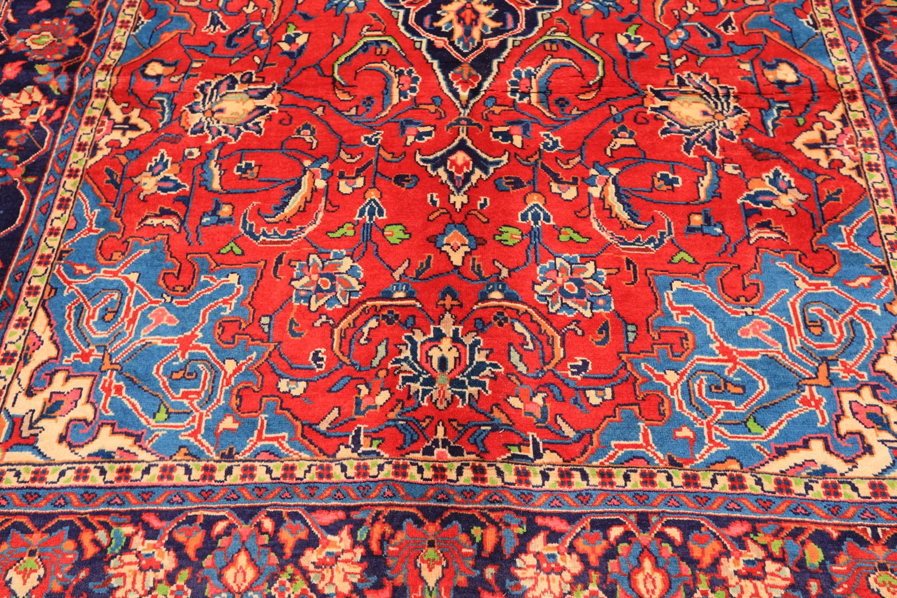 7x11 Red, Navy, Ivory Color Hand Knotted Sarouk Wool Traditional Oriental Rug
