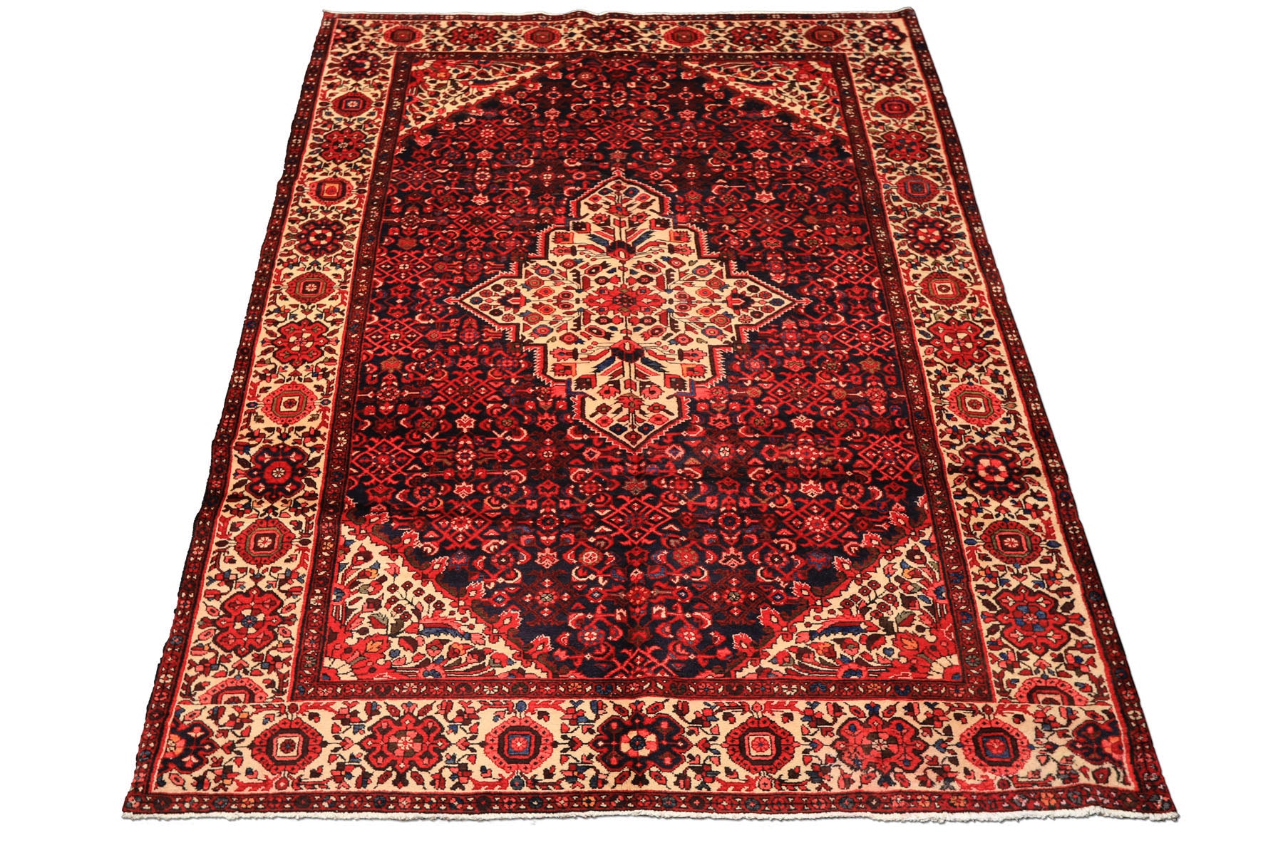 7x11 Midnight Blue, Ivory, Red Color Hand Knotted Hamadan Wool Traditional Oriental Rug