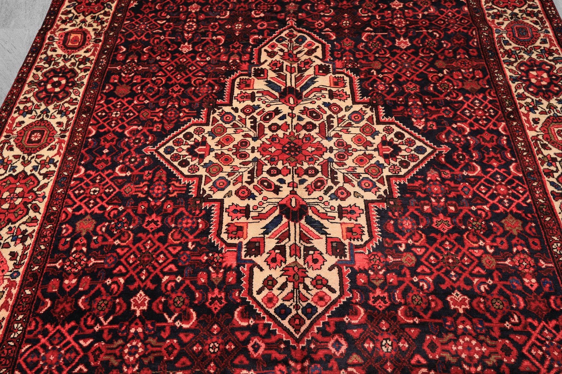 7x11 Midnight Blue, Ivory, Red Color Hand Knotted Hamadan Wool Traditional Oriental Rug