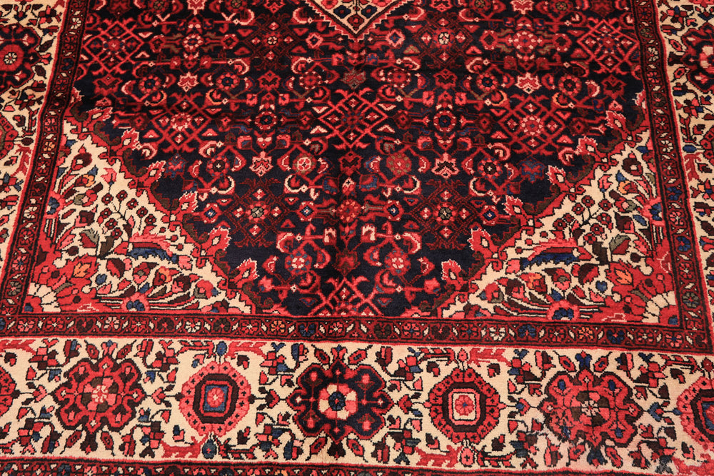 7x11 Midnight Blue, Ivory, Red Color Hand Knotted Hamadan Wool Traditional Oriental Rug