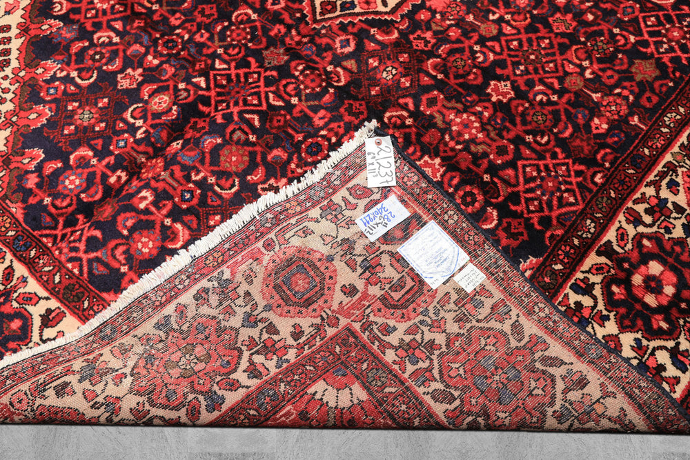 7x11 Midnight Blue, Ivory, Red Color Hand Knotted Hamadan Wool Traditional Oriental Rug