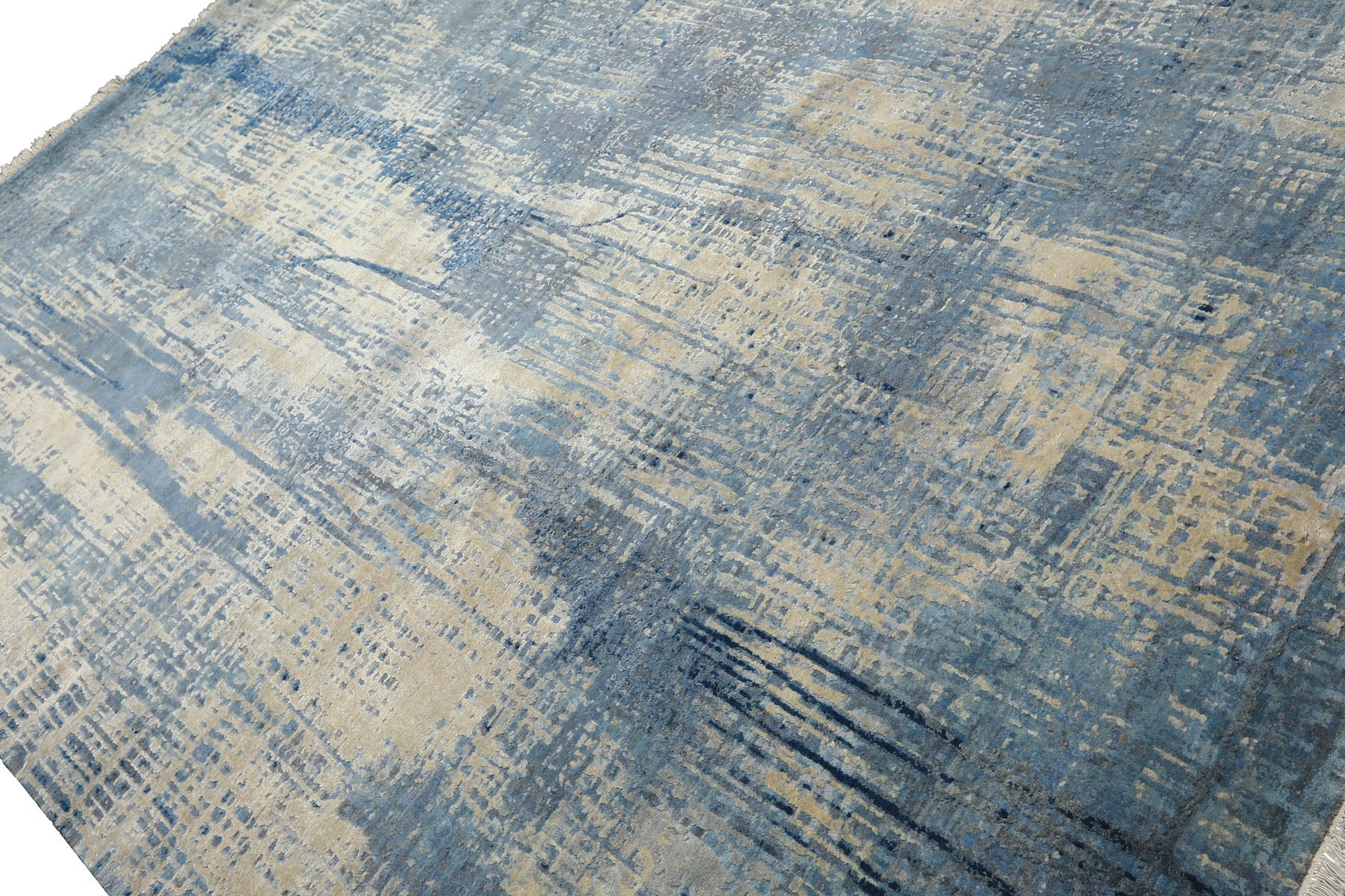 Knotted Rug Beige Blue Hand Knotted 8'x10' Sherpa Modern Contemporary Wool and Silk Oriental Area Rug