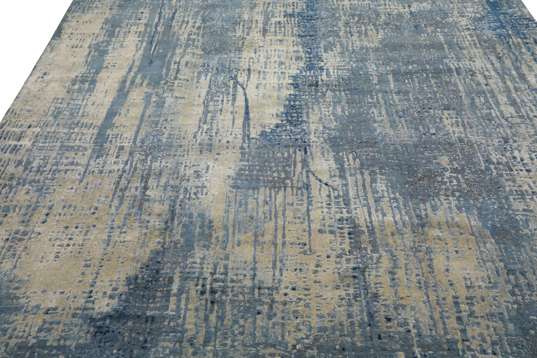 Knotted Rug Beige Blue Hand Knotted 8'x10' Sherpa Modern Contemporary Wool and Silk Oriental Area Rug