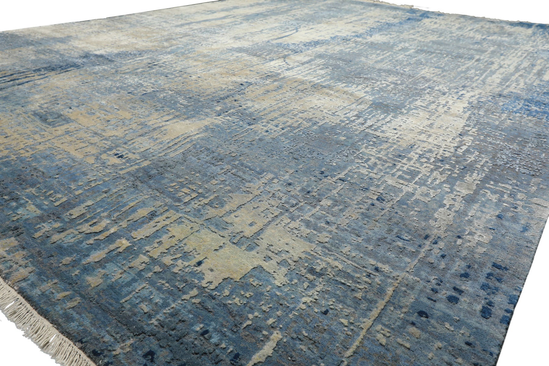 Knotted Rug Beige Blue Hand Knotted 8'x10' Sherpa Modern Contemporary Wool and Silk Oriental Area Rug