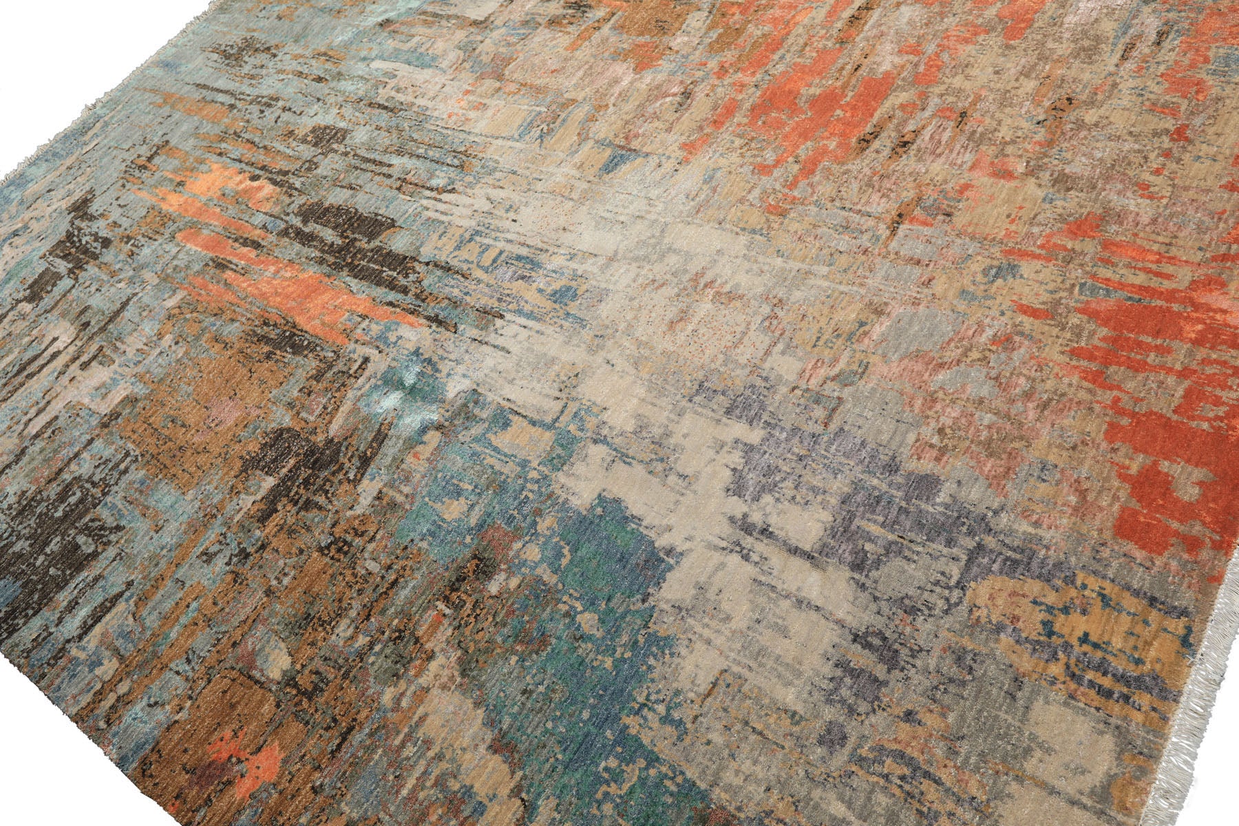 Knotted Rug Beige Coral Hand Knotted 8'x10' Sherpa Modern Contemporary Wool and Silk Oriental Area Rug