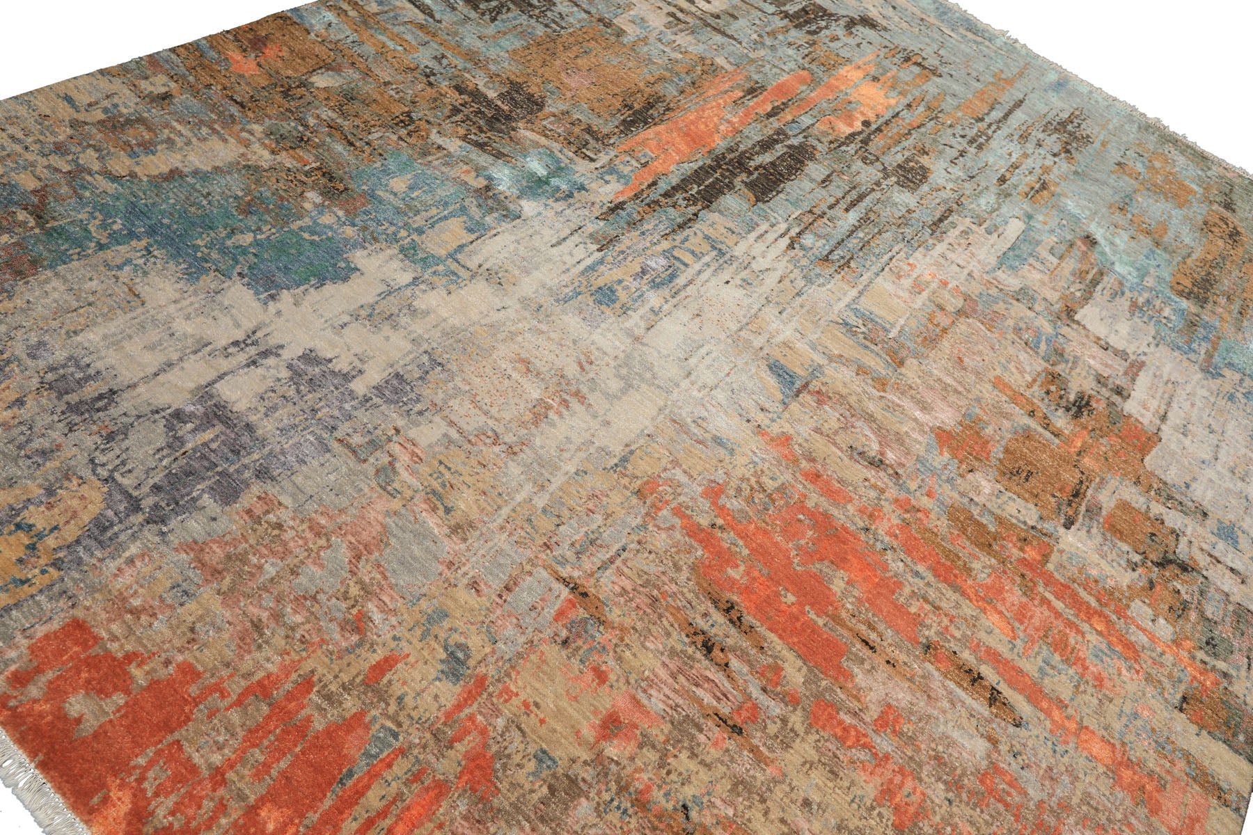 Knotted Rug Beige Coral Hand Knotted 8'x10' Sherpa Modern Contemporary Wool and Silk Oriental Area Rug
