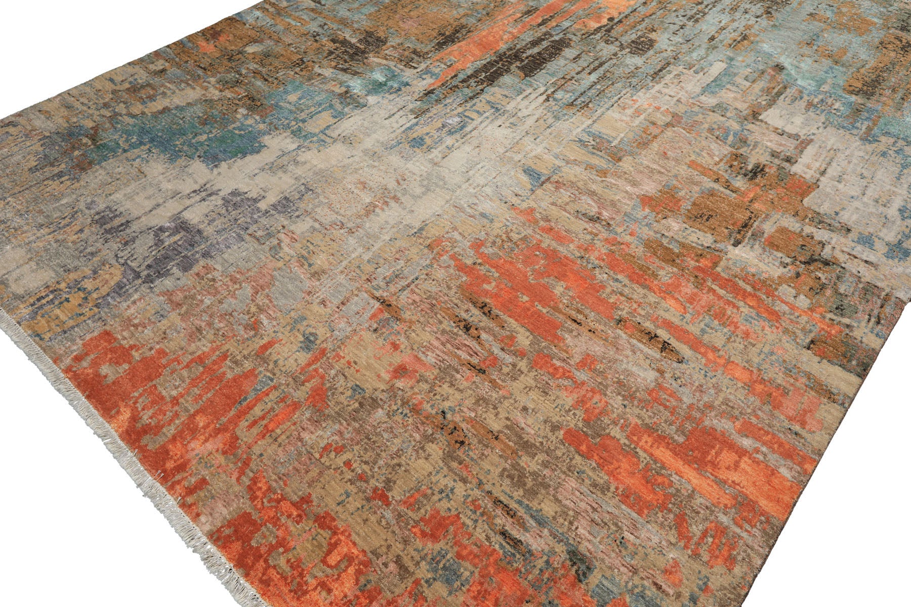 Knotted Rug Beige Coral Hand Knotted 8'x10' Sherpa Modern Contemporary Wool and Silk Oriental Area Rug