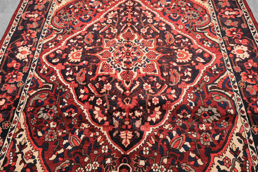7x10 Rust, Ivory, Midnight Blue Color Hand Knotted Bakhtiari Wool Traditional Oriental Rug