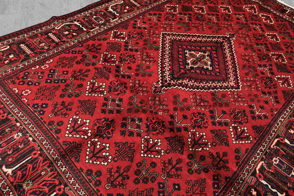 7x10 Burgundy, Charcoal, Ivory Color Hand Knotted Meimeh Wool Traditional Oriental Rug