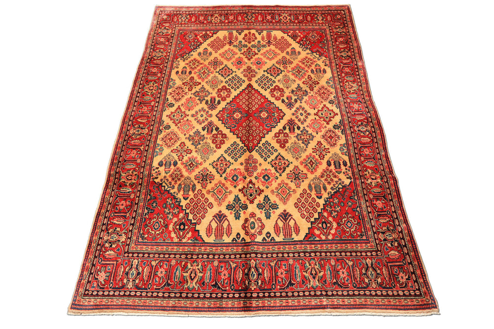 7x10 Light Gold, Ivory, Red Color Hand Knotted Meimeh Wool Traditional Oriental Rug