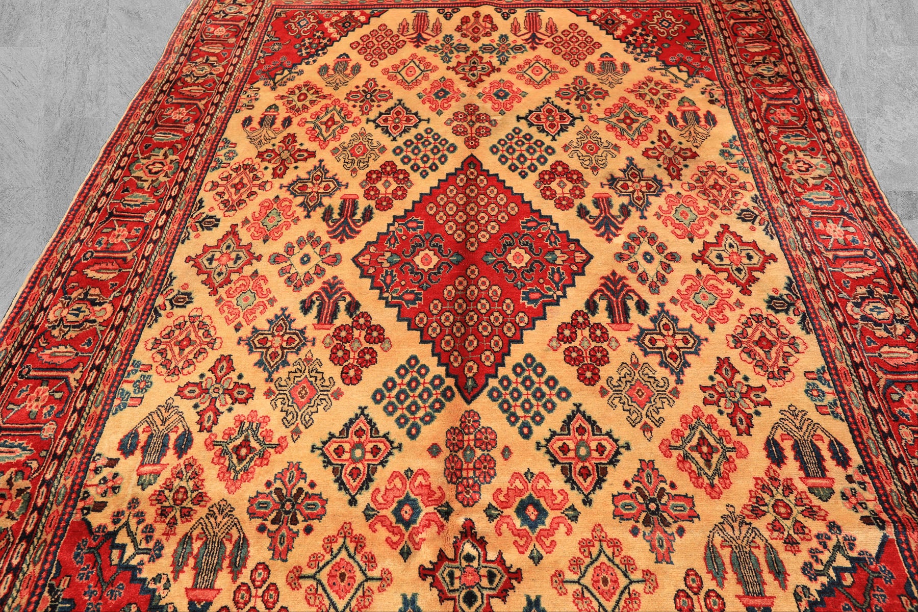 7x10 Light Gold, Ivory, Red Color Hand Knotted Meimeh Wool Traditional Oriental Rug