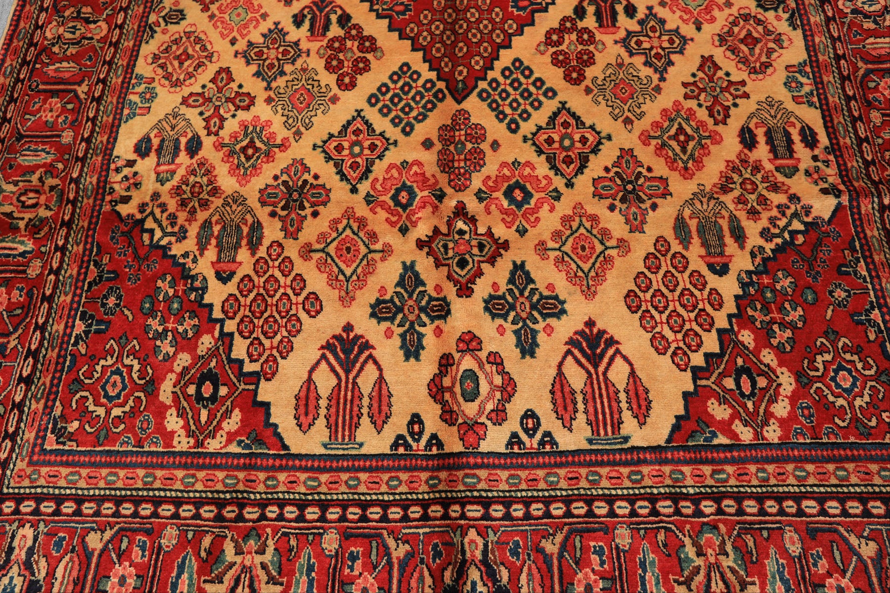 7x10 Light Gold, Ivory, Red Color Hand Knotted Meimeh Wool Traditional Oriental Rug