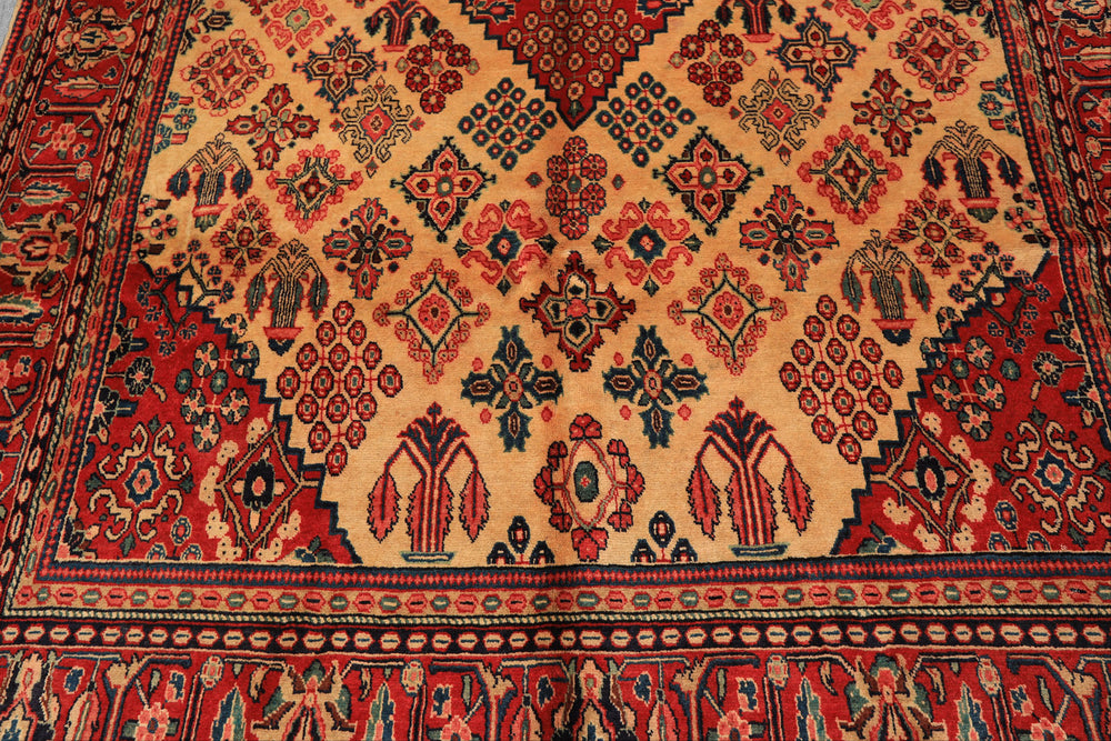 7x10 Light Gold, Ivory, Red Color Hand Knotted Meimeh Wool Traditional Oriental Rug