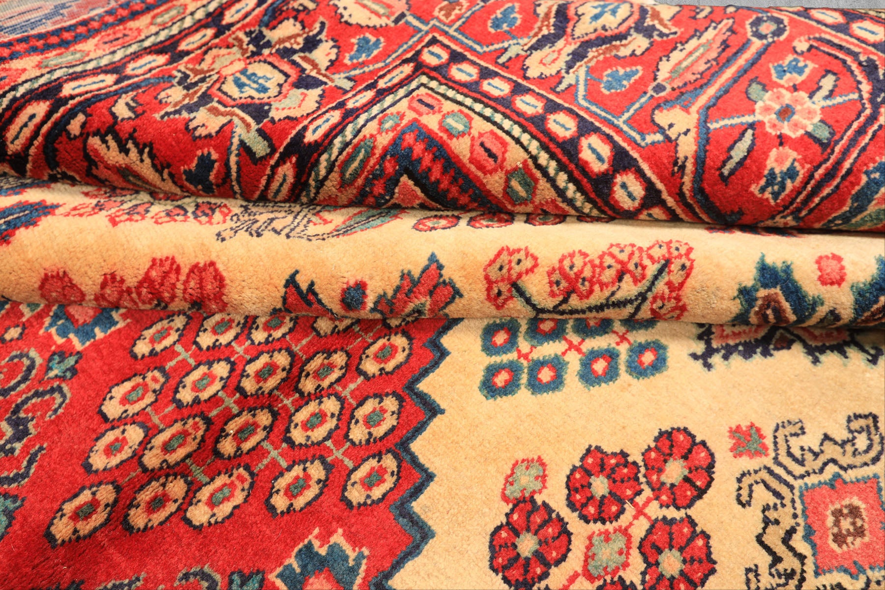 7x10 Light Gold, Ivory, Red Color Hand Knotted Meimeh Wool Traditional Oriental Rug