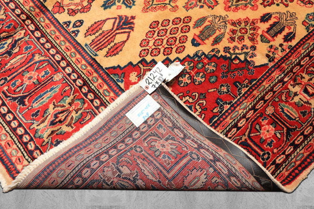 7x10 Light Gold, Ivory, Red Color Hand Knotted Meimeh Wool Traditional Oriental Rug