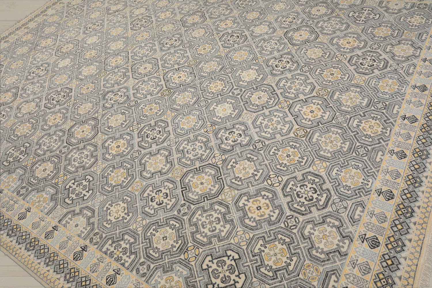 9x12 Ivory, Gray, Blue Color Hand Knotted  Wool Transitional Oriental Rug