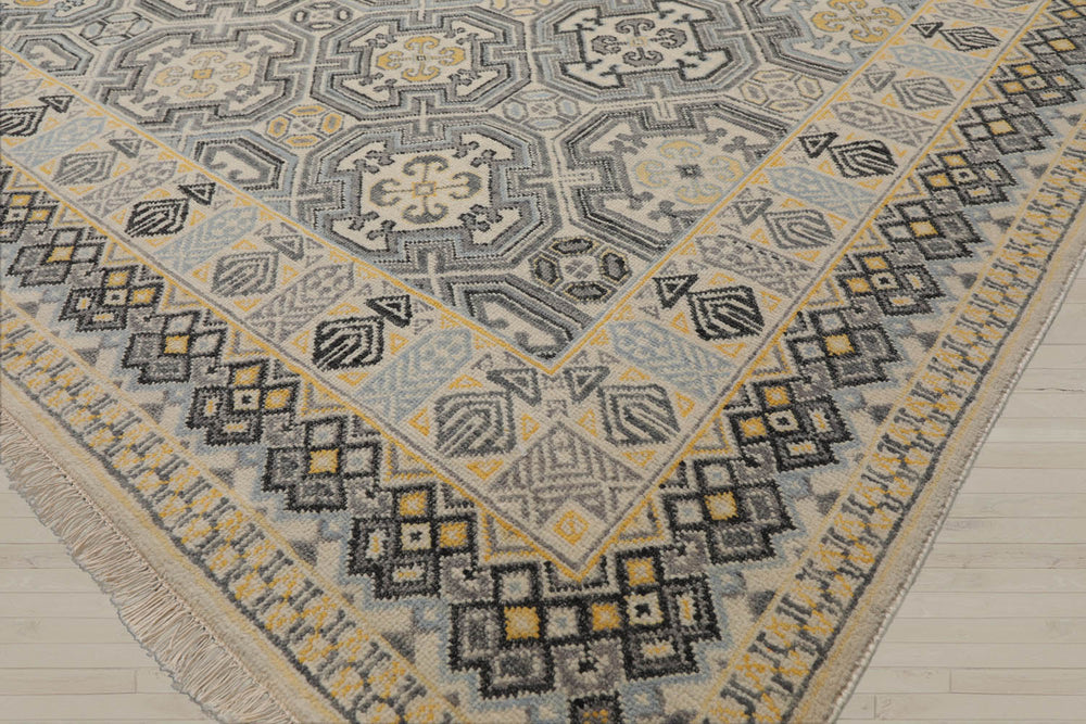 9x12 Ivory, Gray, Blue Color Hand Knotted  Wool Transitional Oriental Rug