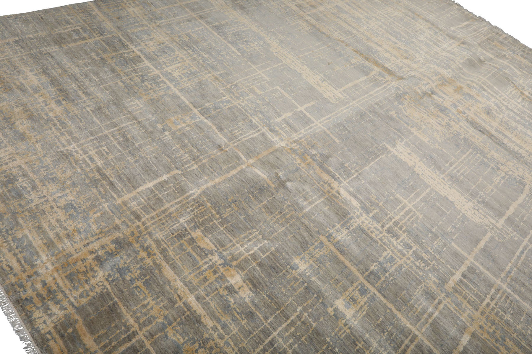 Knotted Rug Slate Gray Hand Knotted 9'x12' Tibetan Sherpa Modern Contemporary Wool and Silk Oriental Area Rug