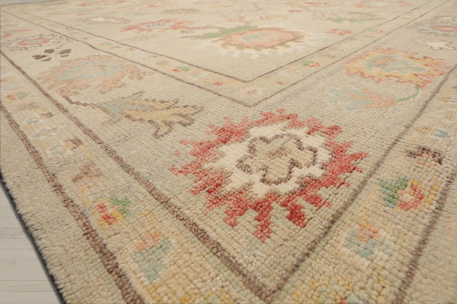 Multi Size Beige Ivory Aqua Color Hand Knotted Oushak Wool  Oriental Rug