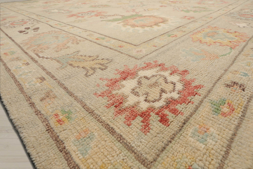 Multi Size Beige Ivory Aqua Color Hand Knotted Oushak Wool  Oriental Rug