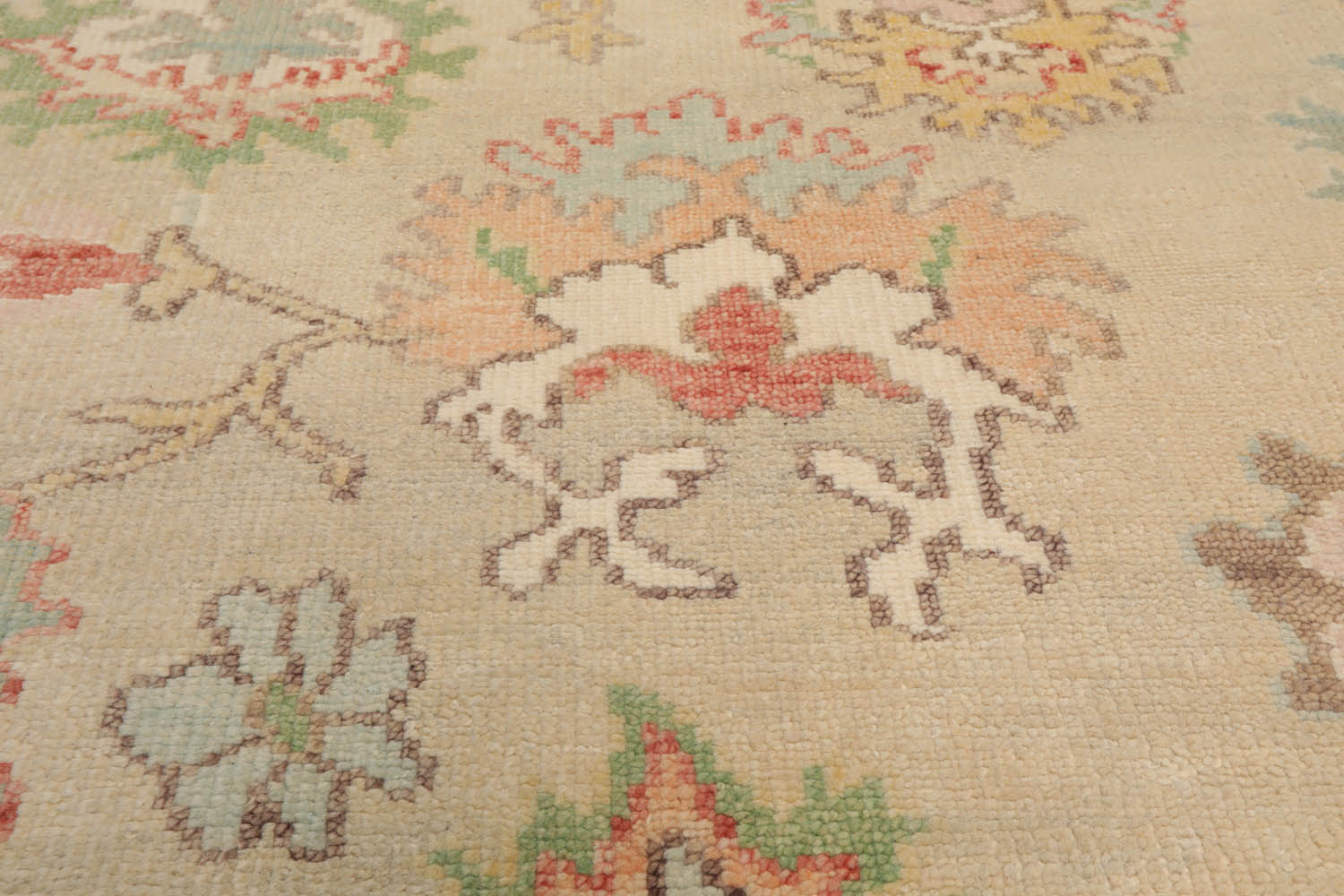 Multi Size Beige Ivory Aqua Color Hand Knotted Oushak Wool  Oriental Rug