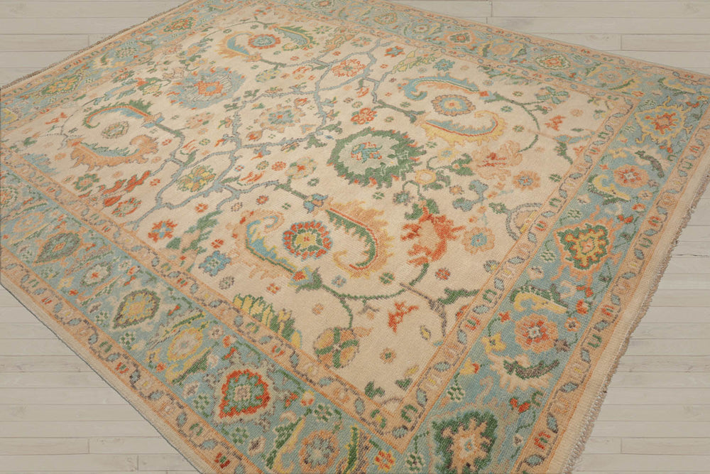 Multi Size Beige Aqua Green Color Hand Knotted Oushak Wool  Oriental Rug