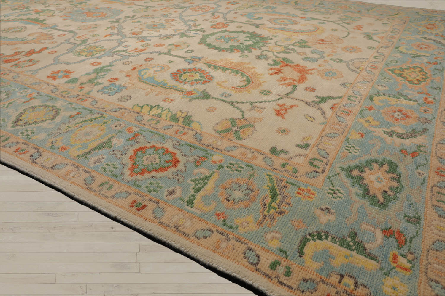 Multi Size Beige Aqua Green Color Hand Knotted Oushak Wool  Oriental Rug