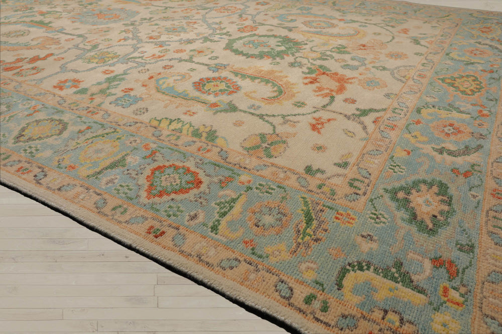 Multi Size Beige Aqua Green Color Hand Knotted Oushak Wool  Oriental Rug
